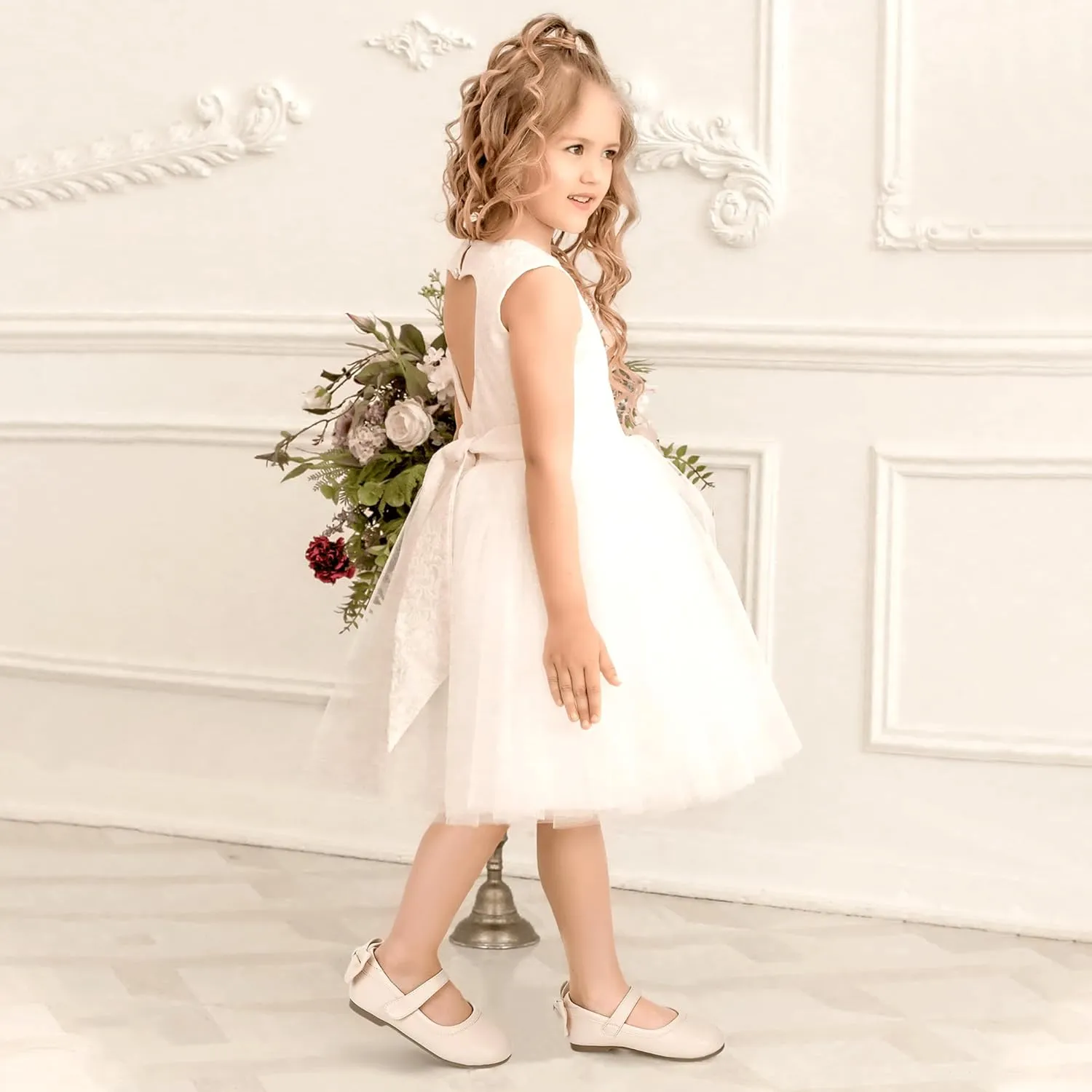 PANDANINJIA Toddler/Little Kid Girl's Angela Dress Mary Jane Ballet Flats Bow Flower Girl Wedding Party Ballerina Flat Shoes