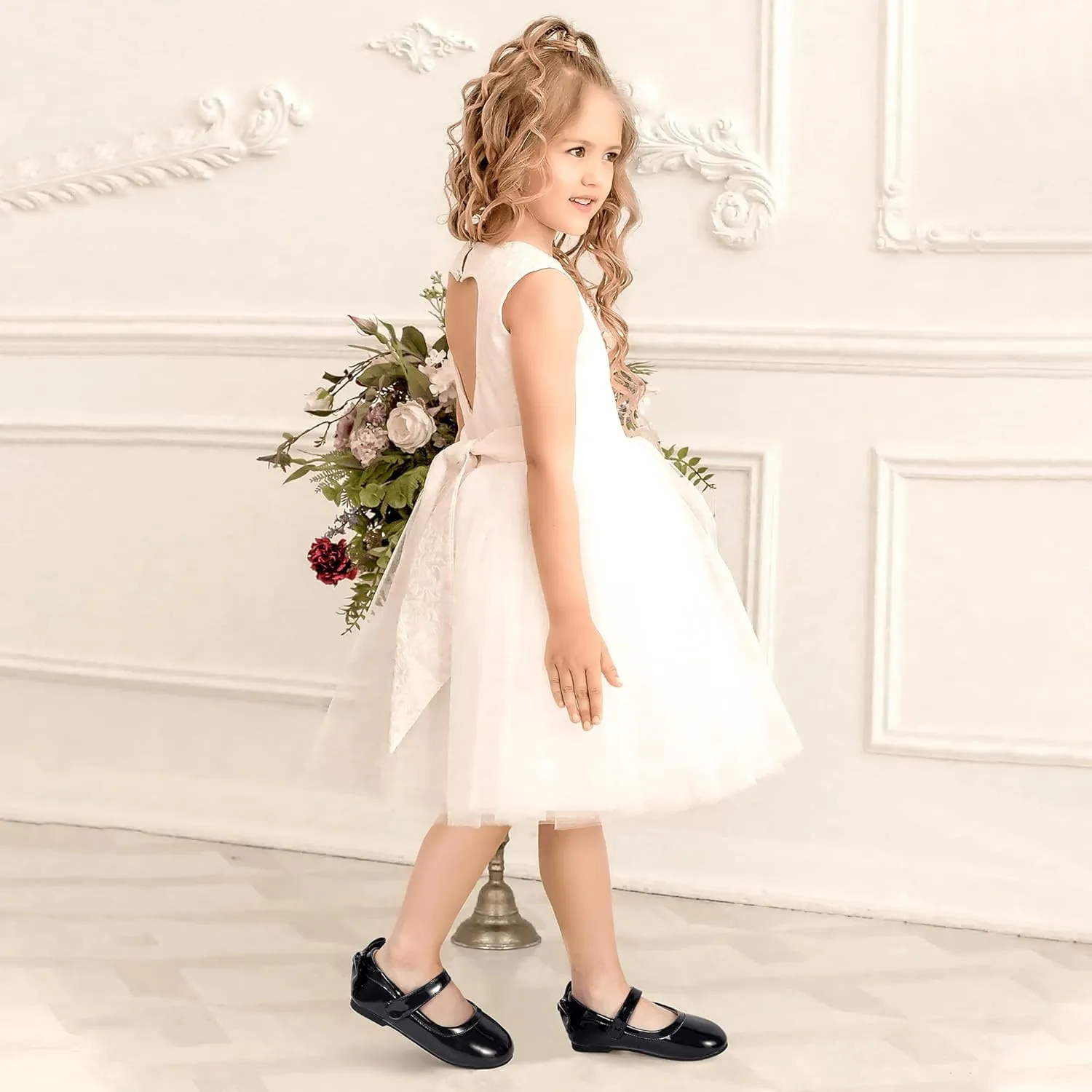 PANDANINJIA Toddler/Little Kid Girl's Angela Dress Mary Jane Ballet Flats Bow Flower Girl Wedding Party Ballerina Flat Shoes
