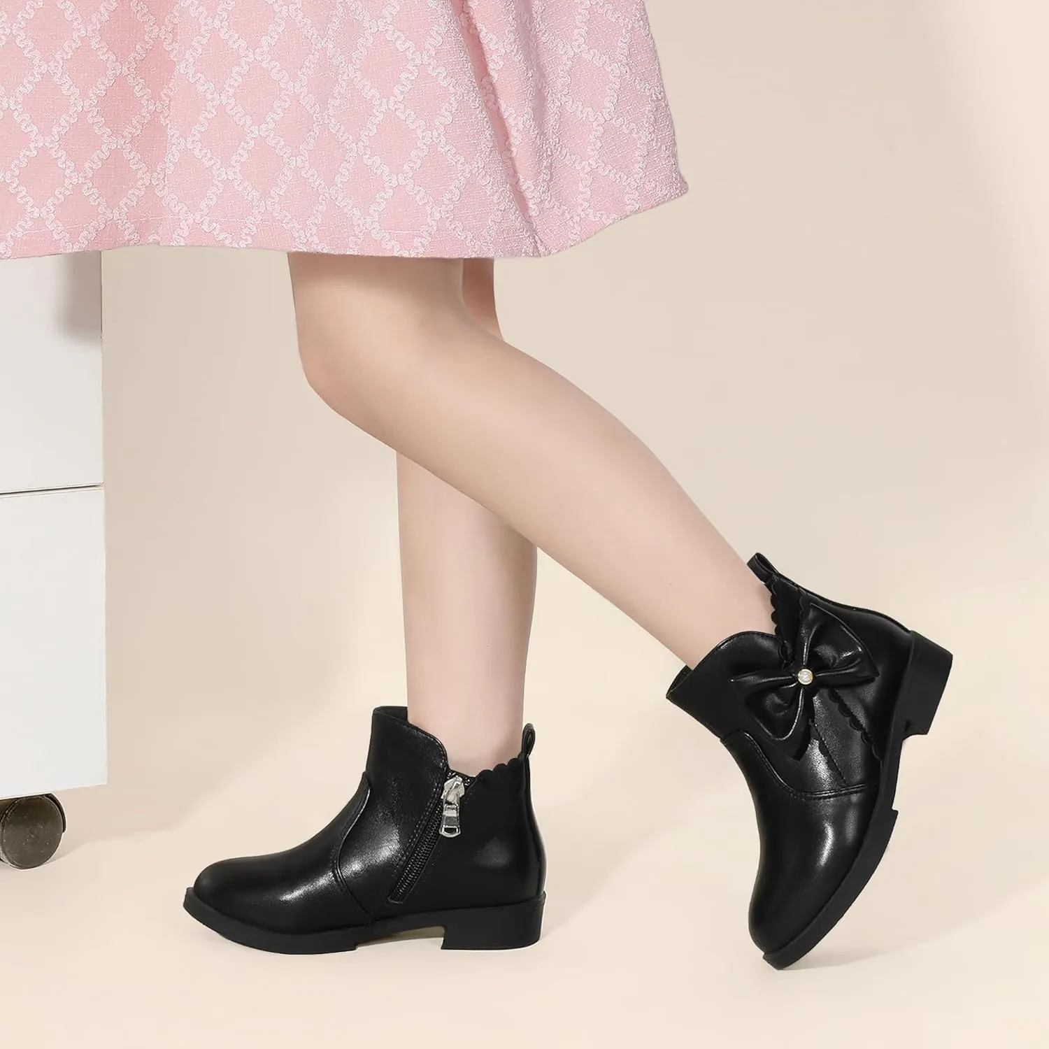 PANDANINJIA Toddler/Little Kid Girl's Clara Fashion Short Ankle Boots Pearls Bow Dress Booties with Zipper