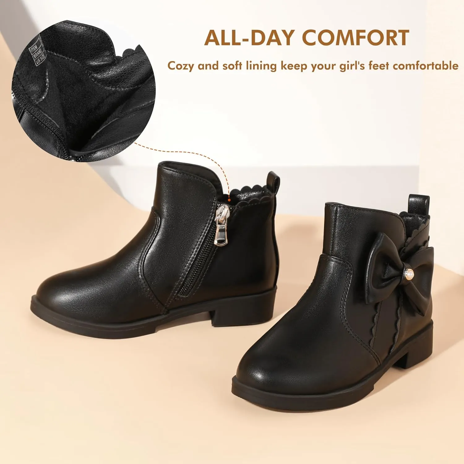 PANDANINJIA Toddler/Little Kid Girl's Clara Fashion Short Ankle Boots Pearls Bow Dress Booties with Zipper