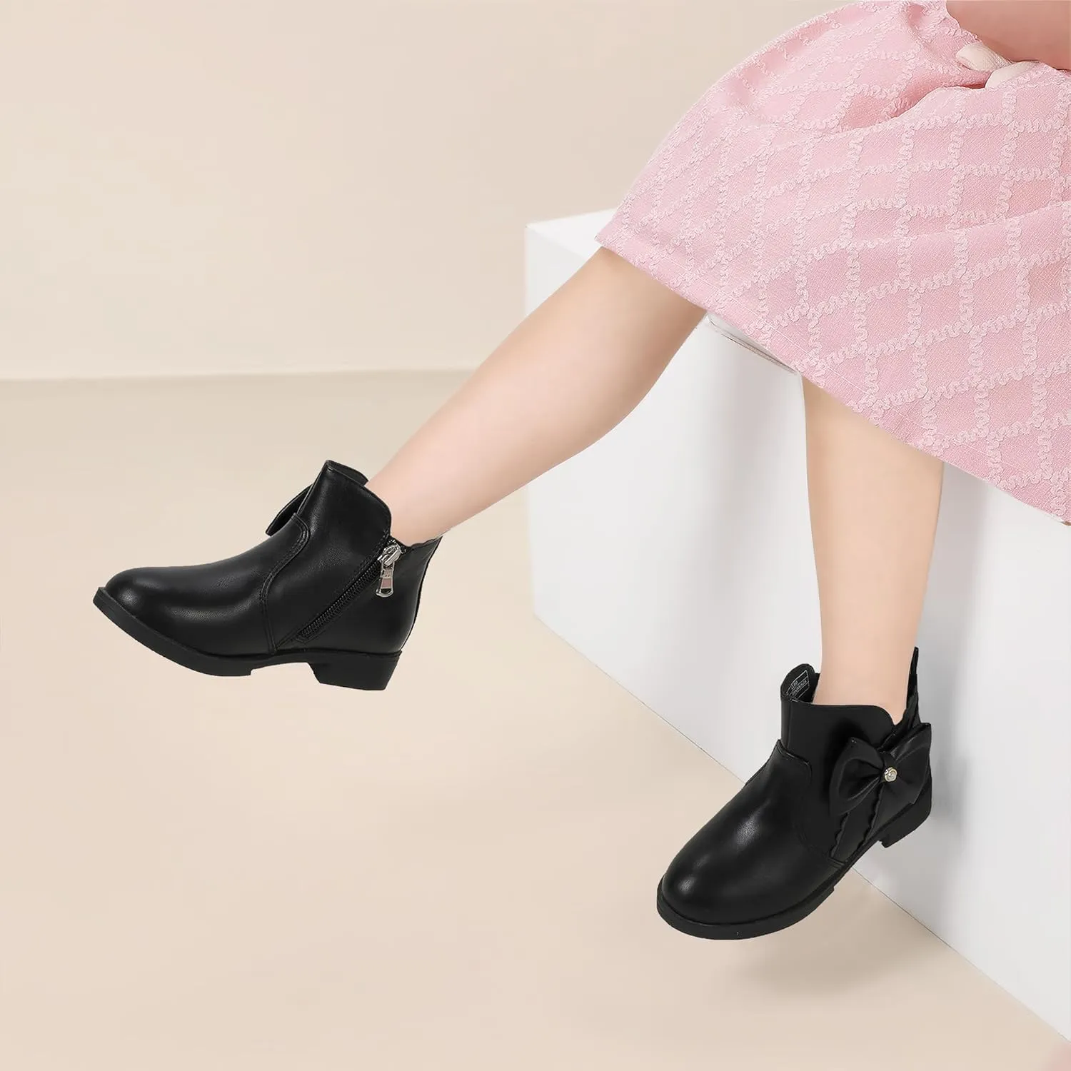 PANDANINJIA Toddler/Little Kid Girl's Clara Fashion Short Ankle Boots Pearls Bow Dress Booties with Zipper