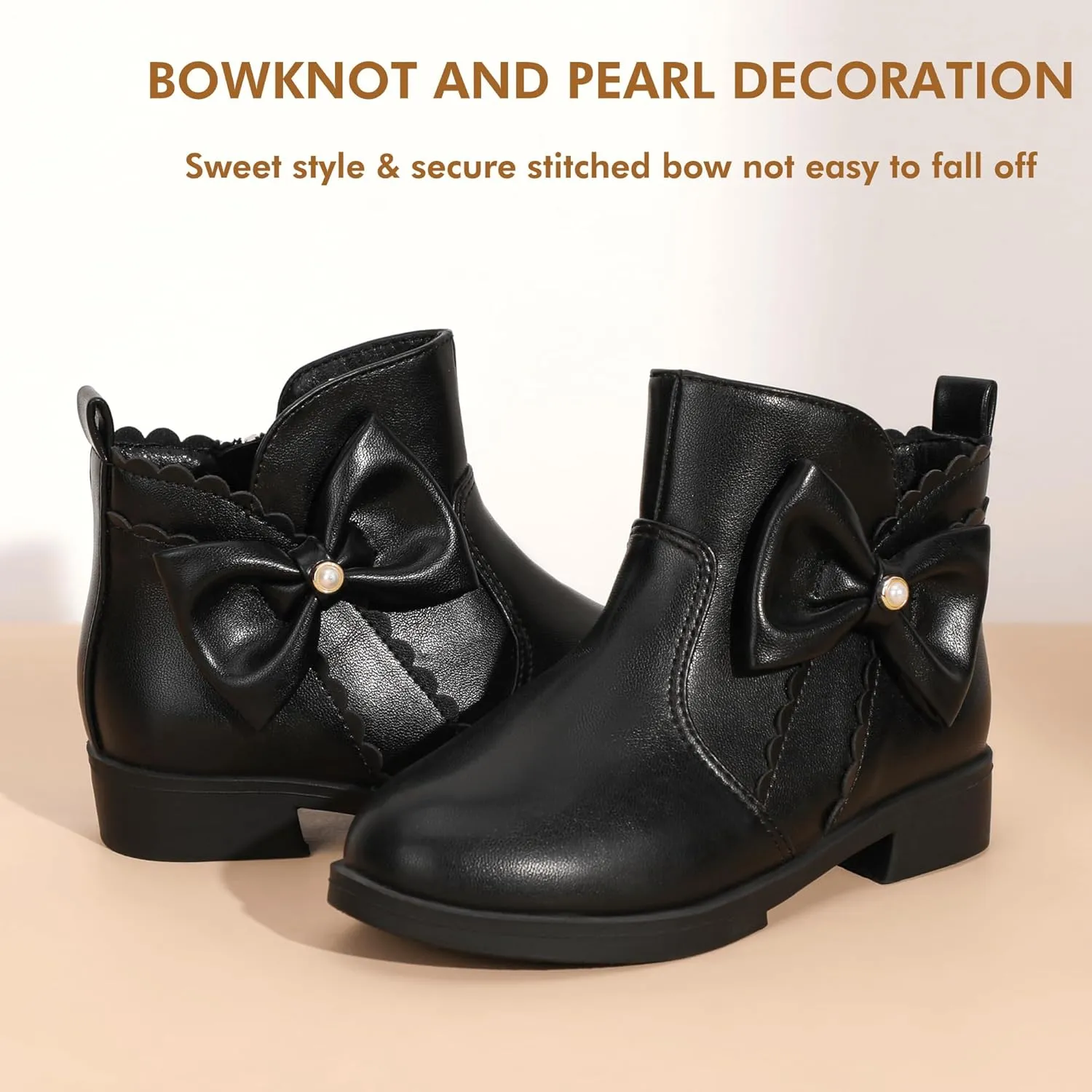 PANDANINJIA Toddler/Little Kid Girl's Clara Fashion Short Ankle Boots Pearls Bow Dress Booties with Zipper