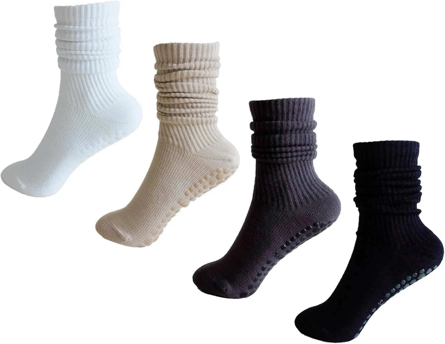 Pilates Grip Socks for Women,Yoga Slouchy Socks with Grips for Barre Workout-Long Scrunch Non Slip Socks