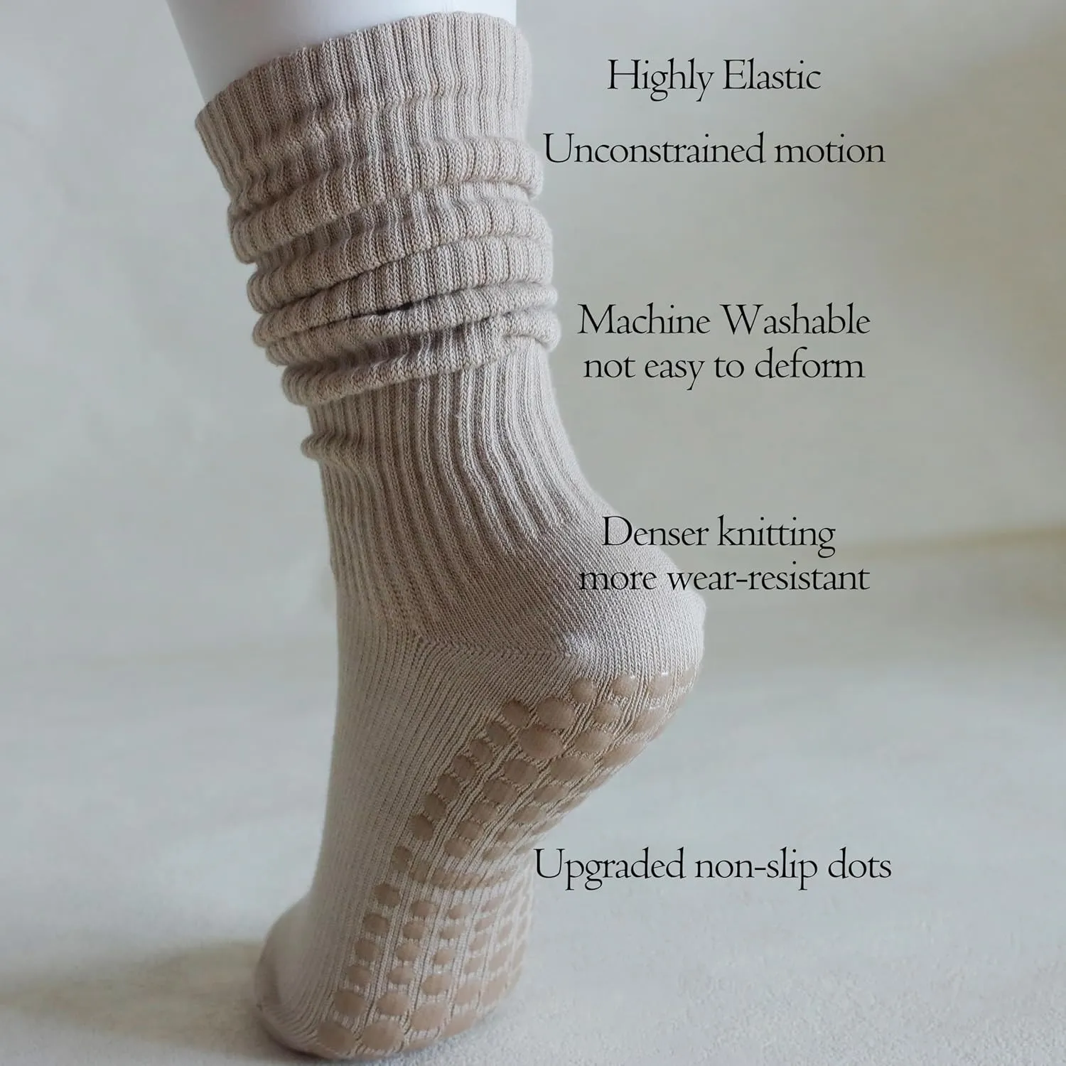 Pilates Grip Socks for Women,Yoga Slouchy Socks with Grips for Barre Workout-Long Scrunch Non Slip Socks