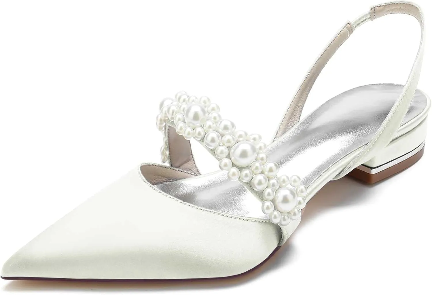 Pointed Women's Satin Pearl Wedding Flats Slingback Flats For Bride Prom Evening Bridal Party Dress Flats