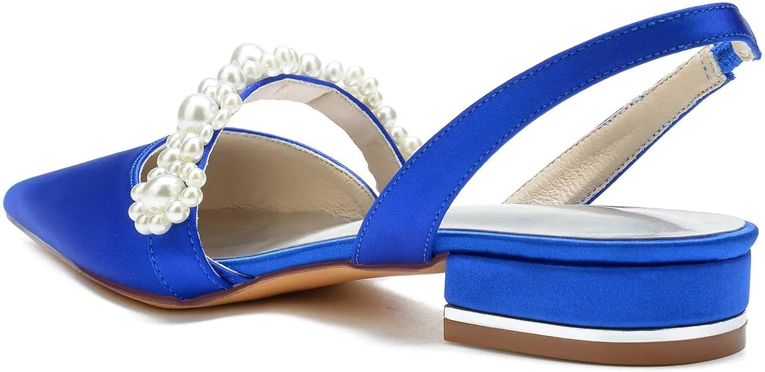 Pointed Women's Satin Pearl Wedding Flats Slingback Flats For Bride Prom Evening Bridal Party Dress Flats