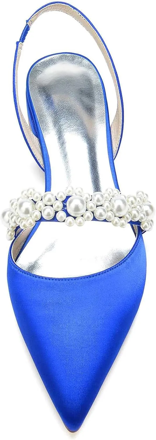 Pointed Women's Satin Pearl Wedding Flats Slingback Flats For Bride Prom Evening Bridal Party Dress Flats