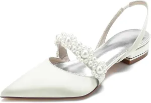 Pointed Women's Satin Pearl Wedding Flats Slingback Flats For Bride Prom Evening Bridal Party Dress Flats