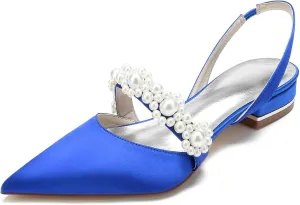 Pointed Women's Satin Pearl Wedding Flats Slingback Flats For Bride Prom Evening Bridal Party Dress Flats