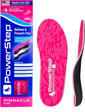 PowerStep Pinnacle Pink Orthotics for Women - Arch Support Inserts for Plantar Fasciitis Relief- Made in USA- Maximum Cushioning Arch Support, Deep Heel Cup for Pronation (W 7-7.5, M 5-5.5)