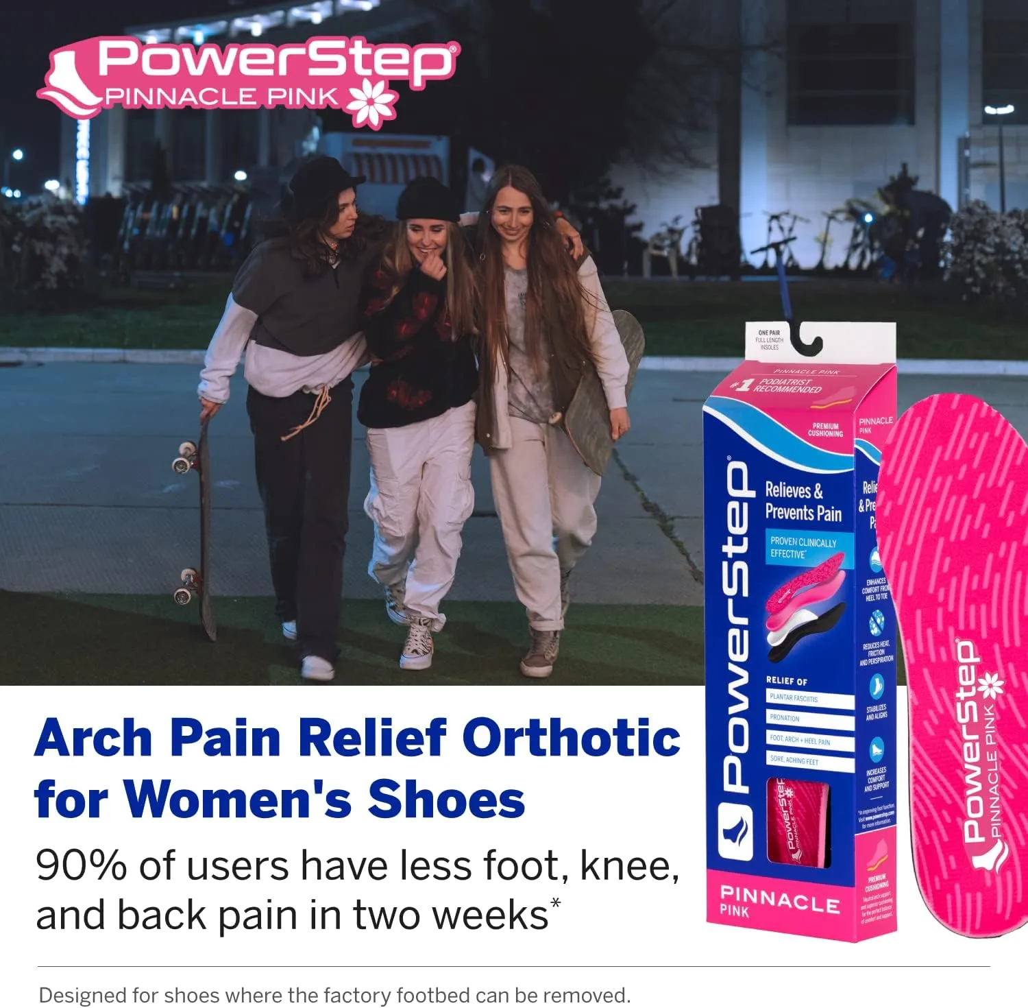 PowerStep Pinnacle Pink Orthotics for Women - Arch Support Inserts for Plantar Fasciitis Relief- Made in USA- Maximum Cushioning Arch Support, Deep Heel Cup for Pronation (W 7-7.5, M 5-5.5)