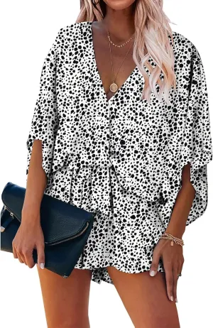 PRETTYGARDEN Women’s Floral Print Shorts Jumpsuit Wrap V Neck 3/4 Sleeve Casual Loose Oversized Romper With Pockets