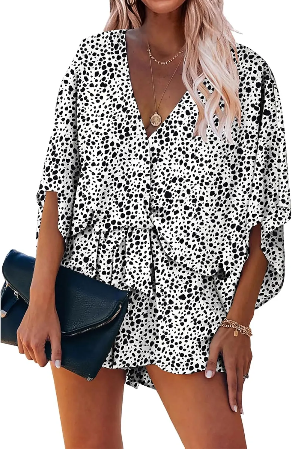 PRETTYGARDEN Women’s Floral Print Shorts Jumpsuit Wrap V Neck 3/4 Sleeve Casual Loose Oversized Romper With Pockets