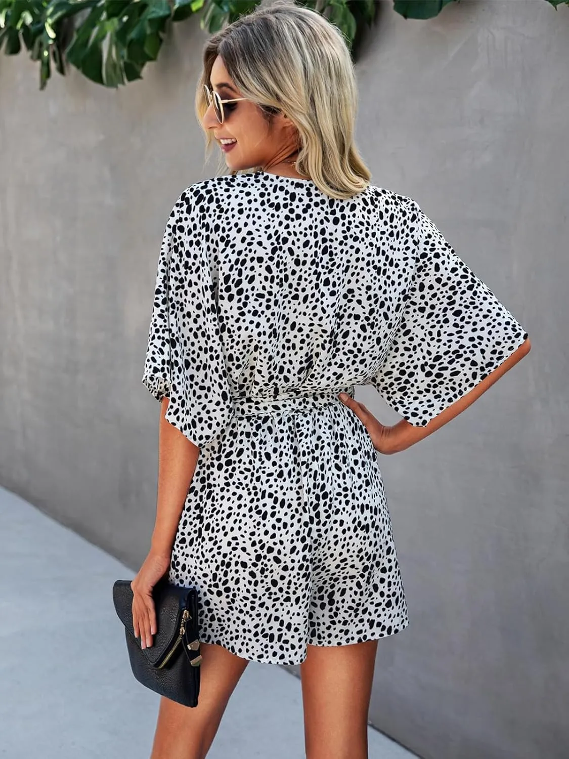 PRETTYGARDEN Women’s Floral Print Shorts Jumpsuit Wrap V Neck 3/4 Sleeve Casual Loose Oversized Romper With Pockets