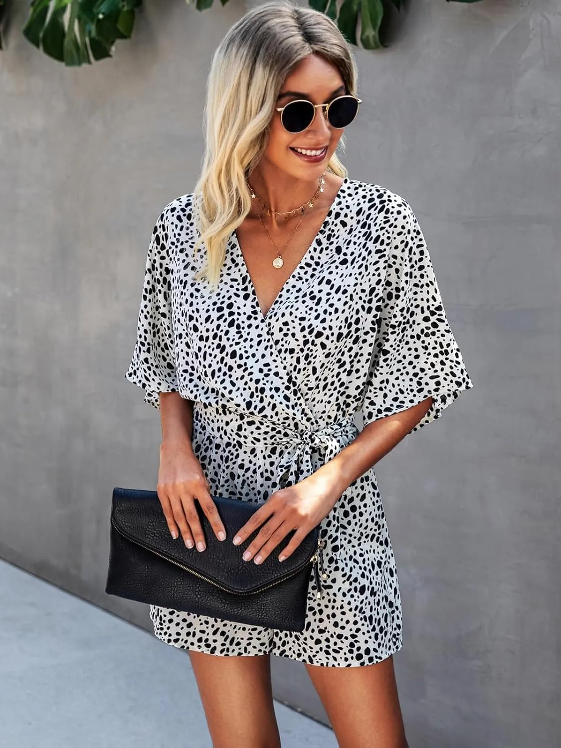 PRETTYGARDEN Women’s Floral Print Shorts Jumpsuit Wrap V Neck 3/4 Sleeve Casual Loose Oversized Romper With Pockets