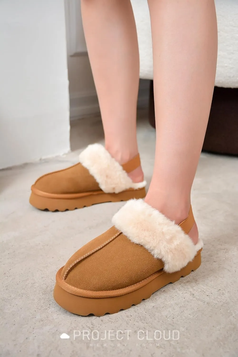 Project Cloud Genuine Suede Slippers for Women Indoor & Outdoor Disquette Womens Sandals Memory Foam Clogs for Women Shoes - Fur Water-Resistant House Shoes for Women Footwear (Slingy)