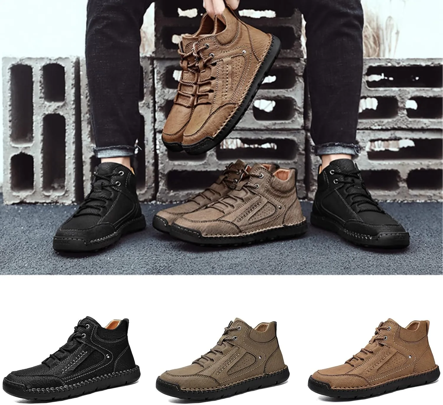 PURCHAWEE Men's Leather High Top Hiking Shoes Chukka Boots,Hand Sewing Non-Slip Good Arch Support Casual Outdoor Work Trekking Shoes