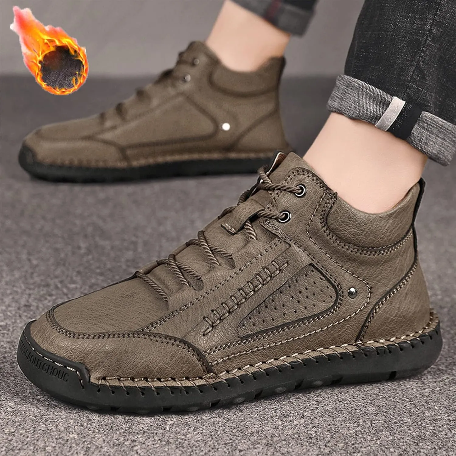 PURCHAWEE Men's Leather High Top Hiking Shoes Chukka Boots,Hand Sewing Non-Slip Good Arch Support Casual Outdoor Work Trekking Shoes