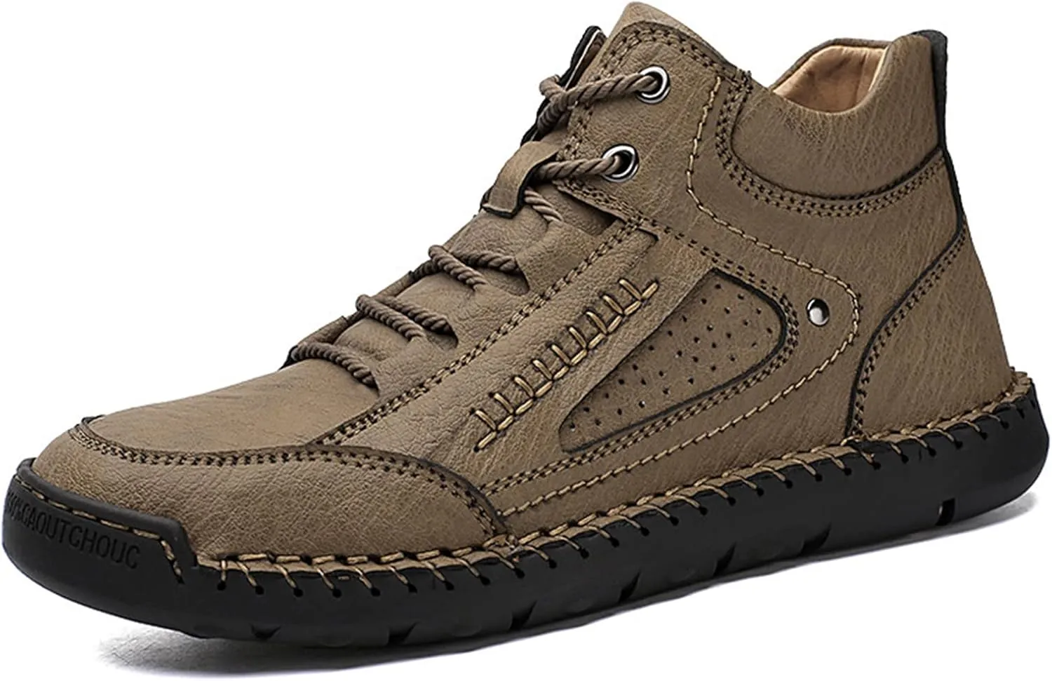 PURCHAWEE Men's Leather High Top Hiking Shoes Chukka Boots,Hand Sewing Non-Slip Good Arch Support Casual Outdoor Work Trekking Shoes
