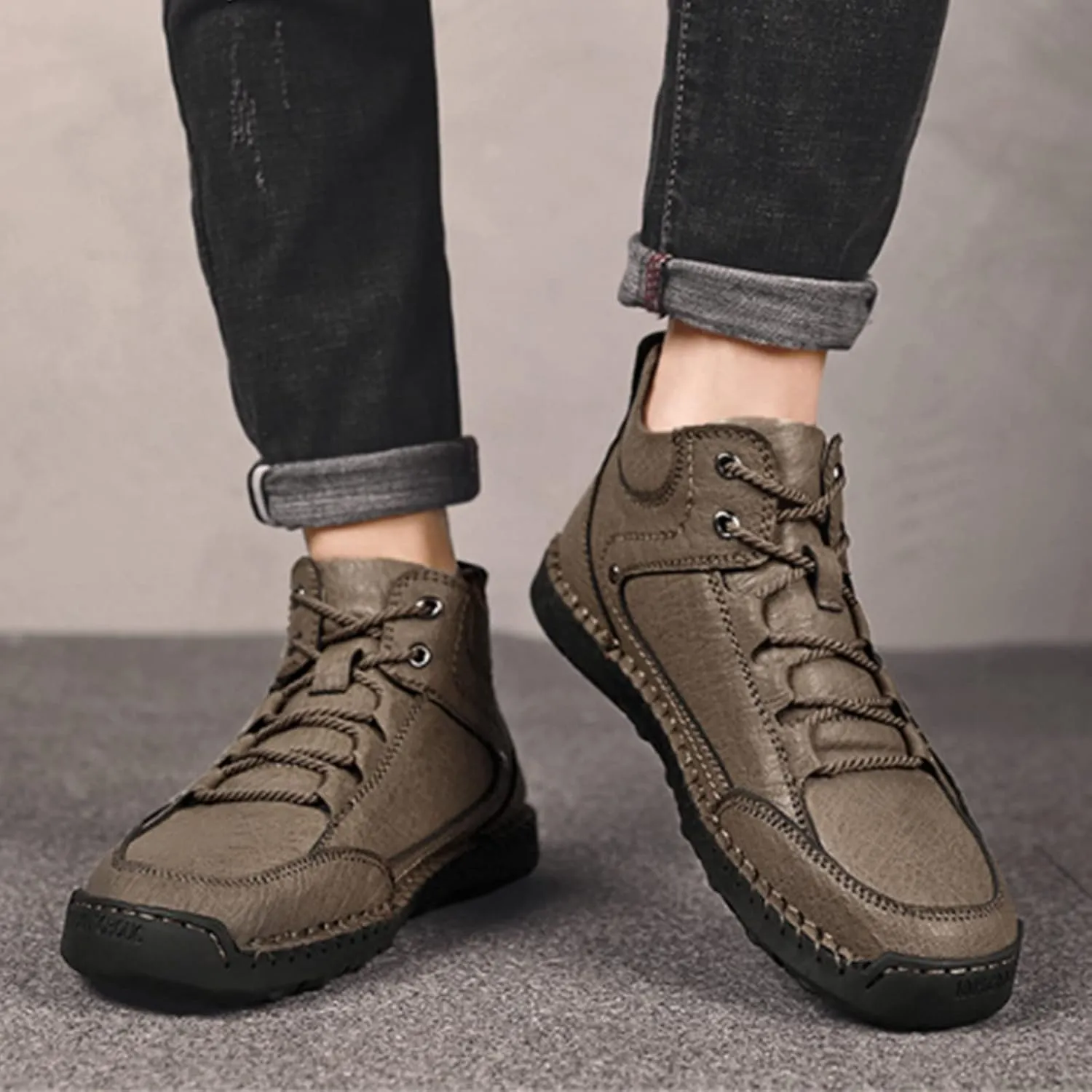 PURCHAWEE Men's Leather High Top Hiking Shoes Chukka Boots,Hand Sewing Non-Slip Good Arch Support Casual Outdoor Work Trekking Shoes