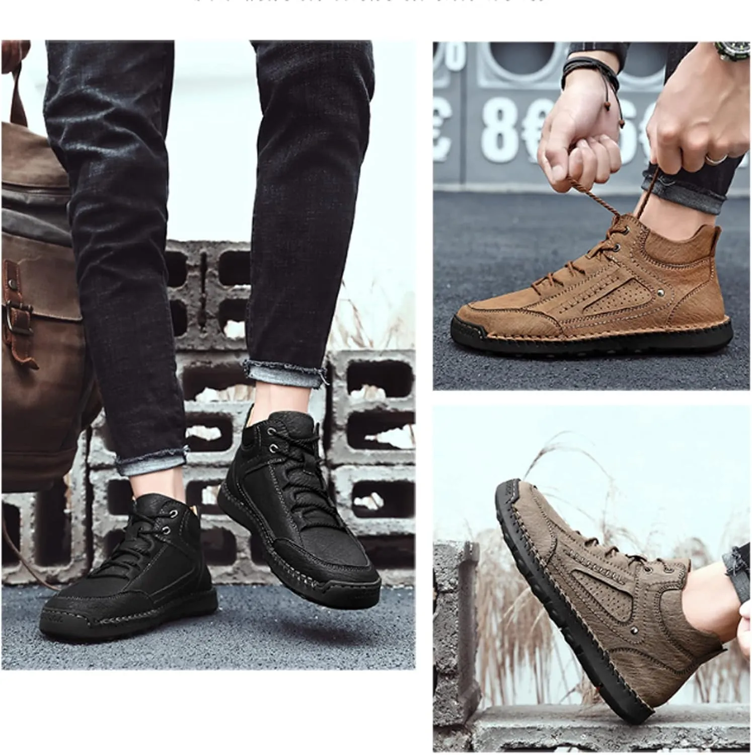 PURCHAWEE Men's Leather High Top Hiking Shoes Chukka Boots,Hand Sewing Non-Slip Good Arch Support Casual Outdoor Work Trekking Shoes