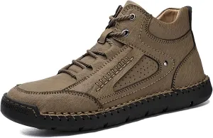 PURCHAWEE Men's Leather High Top Hiking Shoes Chukka Boots,Hand Sewing Non-Slip Good Arch Support Casual Outdoor Work Trekking Shoes