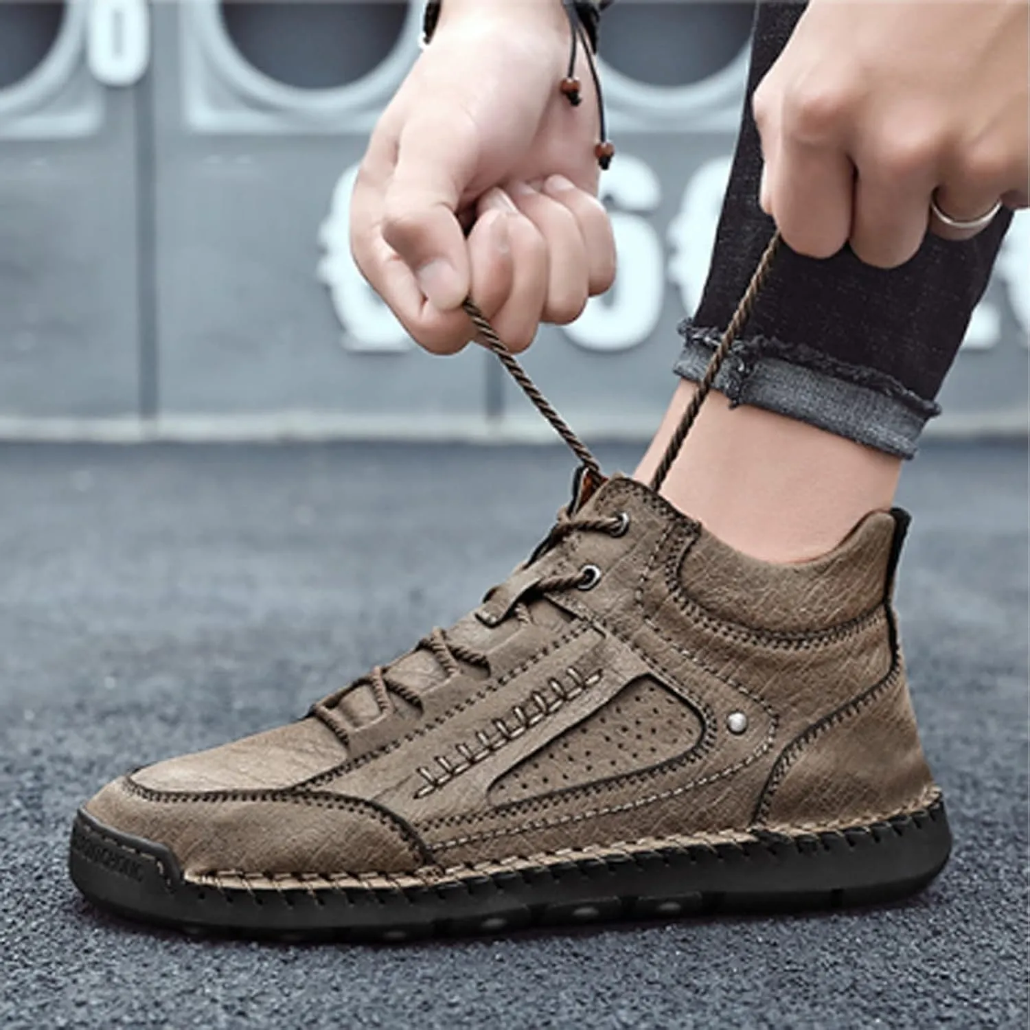 PURCHAWEE Men's Leather High Top Hiking Shoes Chukka Boots,Hand Sewing Non-Slip Good Arch Support Casual Outdoor Work Trekking Shoes
