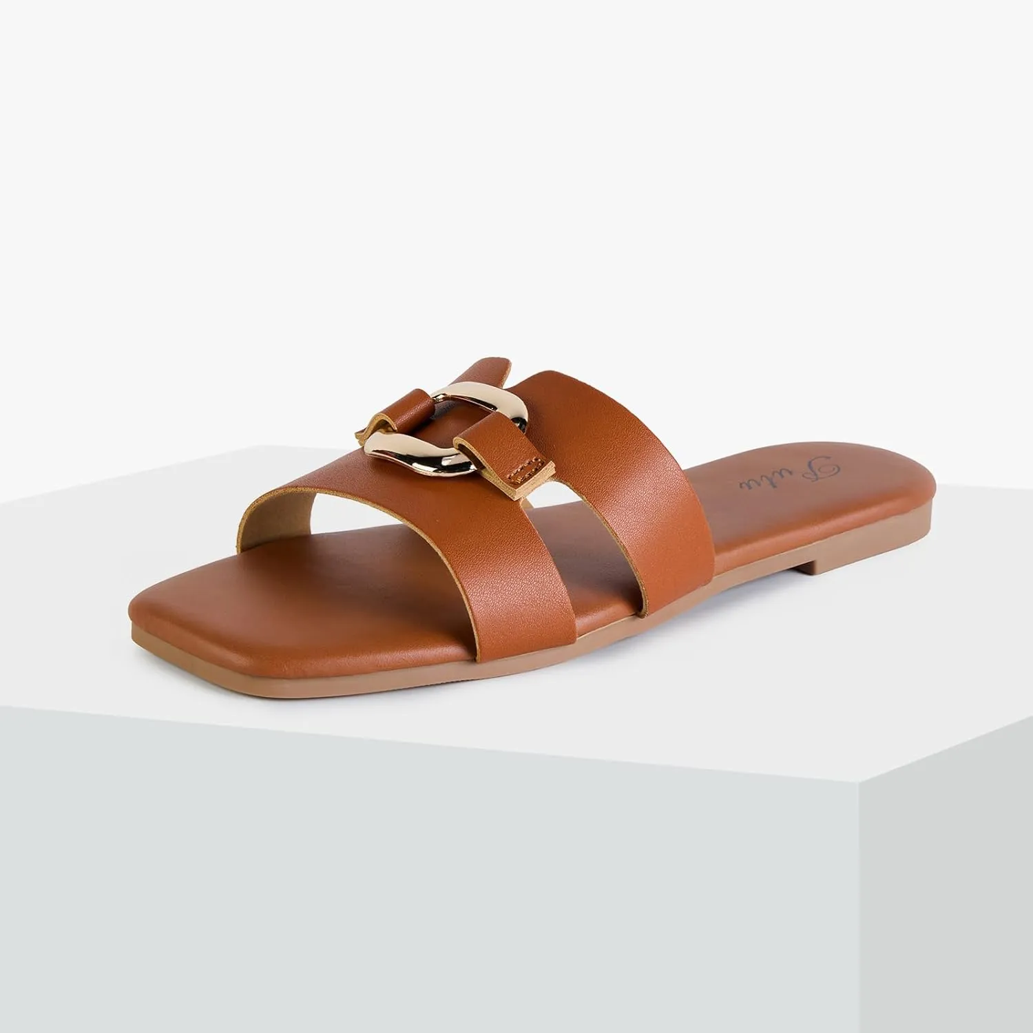 Putu Women's Flat Sandals Square Open Toe Slide Sandals Casual Summer Sandals with Metallic Buckle