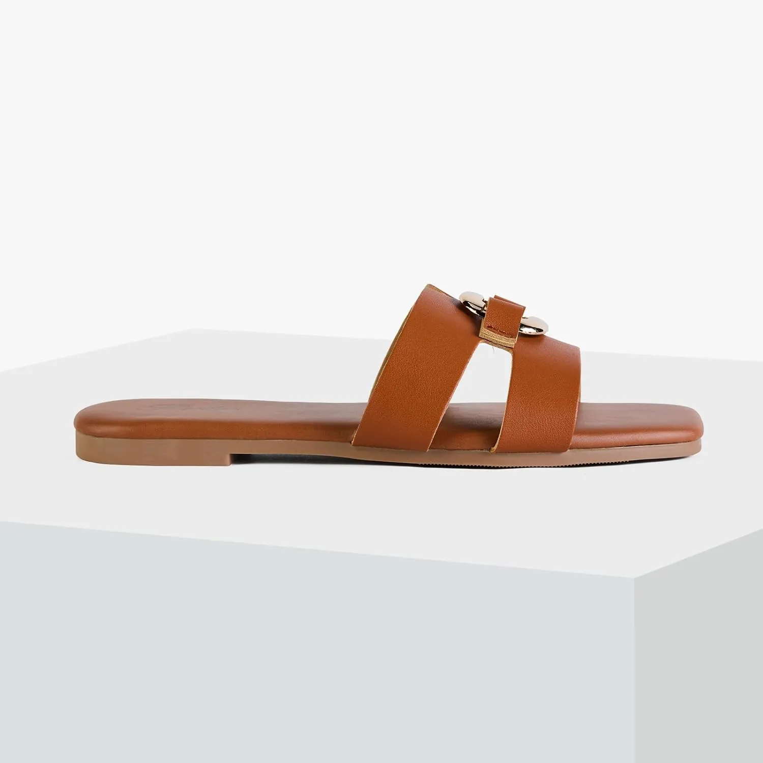 Putu Women's Flat Sandals Square Open Toe Slide Sandals Casual Summer Sandals with Metallic Buckle