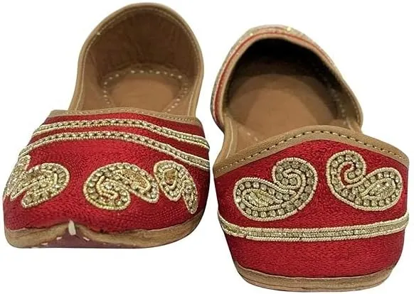 Red Jutti Flats for Women Punjabi Jootis Shoes Bohemian Flat Sandles Handmade Beaded Traditional Ballerina
