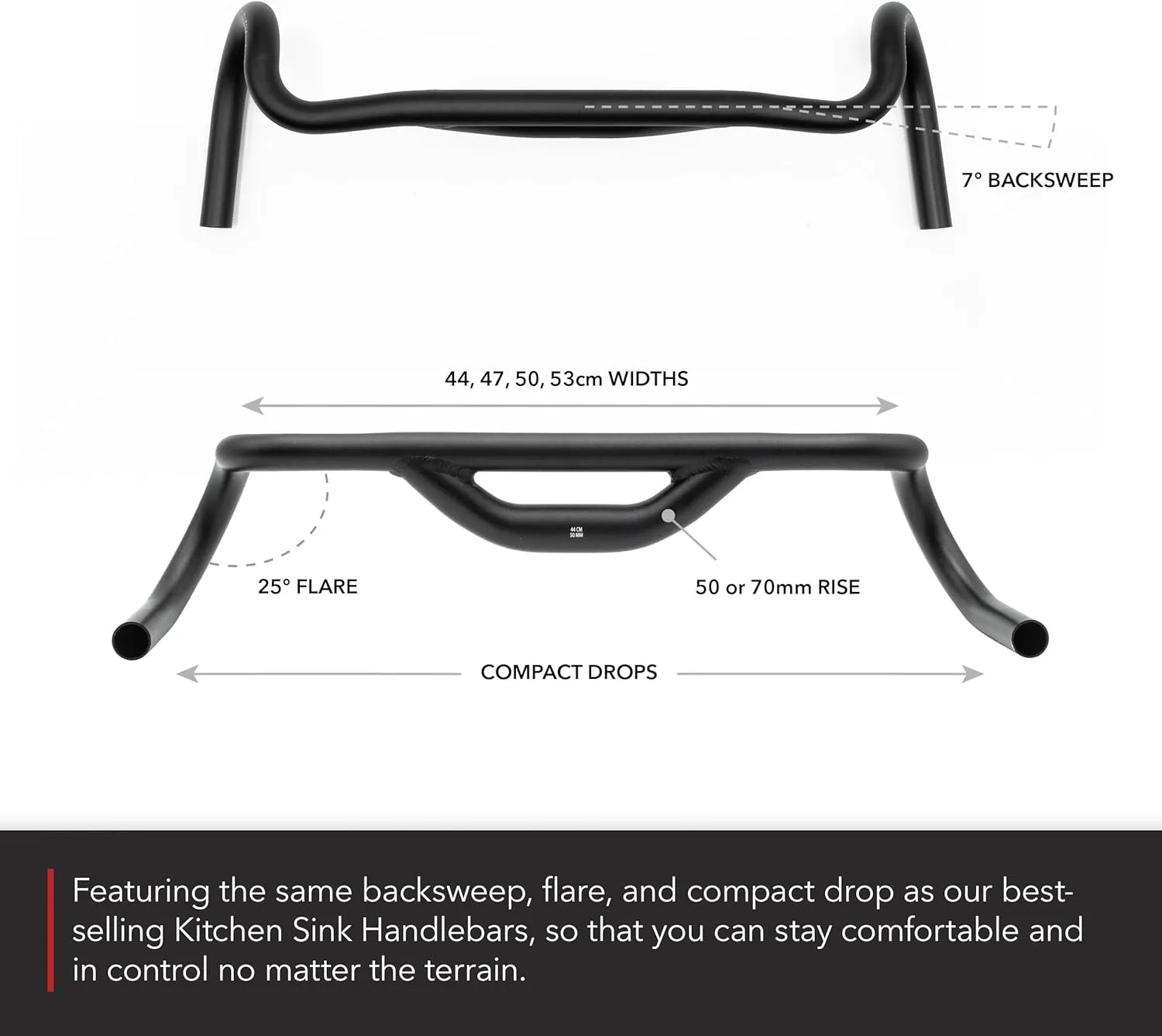 REDSHIFT Top Shelf Handlebar with 70mm of Rise, 47cm width for Road, Gravel, Touring, and Commuter Bikes, Aluminum Drop Bar