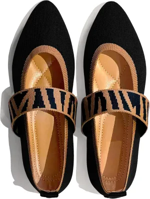 REFRASE LIFE Women's Ballet Flats Pointed Toe with Elastic Strap, Black and Beige Dressy Knit Slip-On Ballet Shoes for Everyday Wear, Lightweight and Breathable