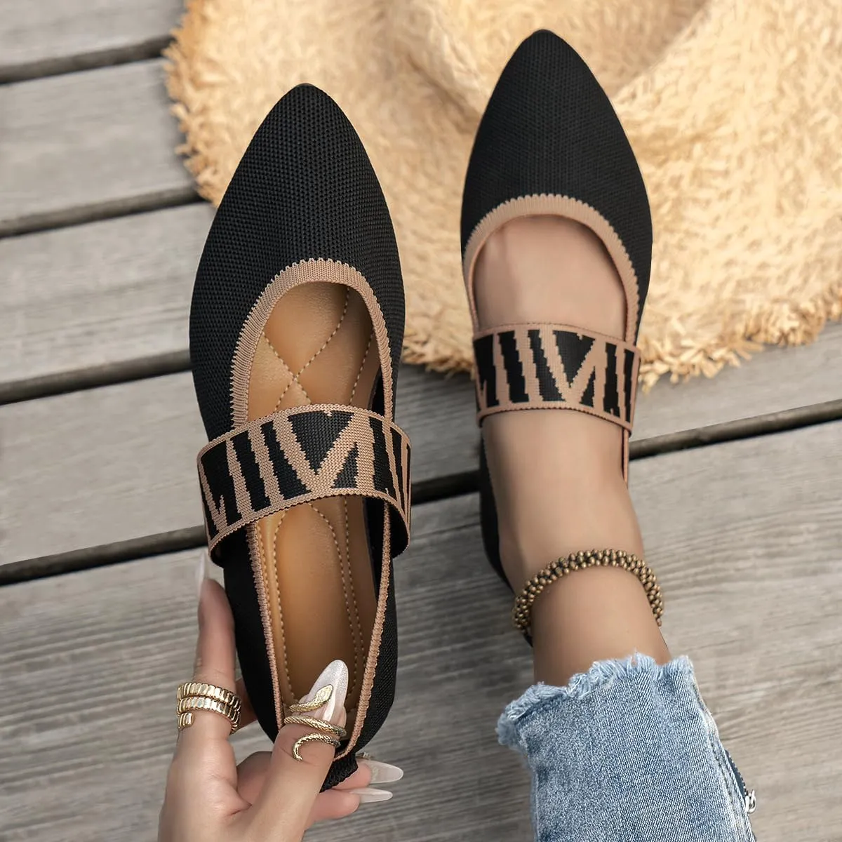 REFRASE LIFE Women's Ballet Flats Pointed Toe with Elastic Strap, Black and Beige Dressy Knit Slip-On Ballet Shoes for Everyday Wear, Lightweight and Breathable