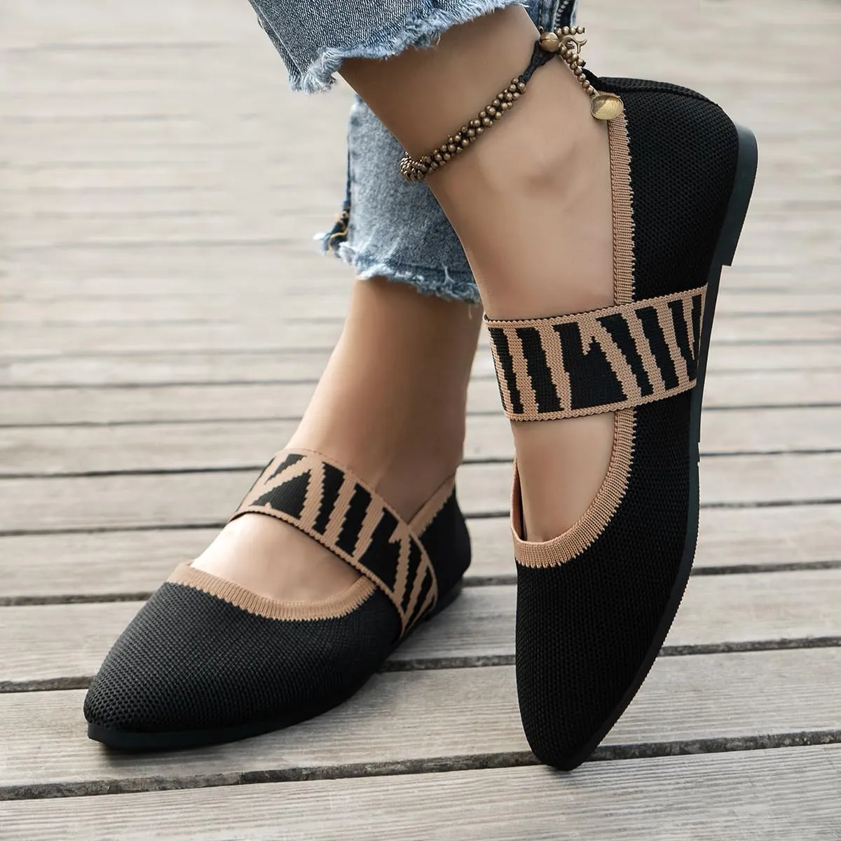 REFRASE LIFE Women's Ballet Flats Pointed Toe with Elastic Strap, Black and Beige Dressy Knit Slip-On Ballet Shoes for Everyday Wear, Lightweight and Breathable