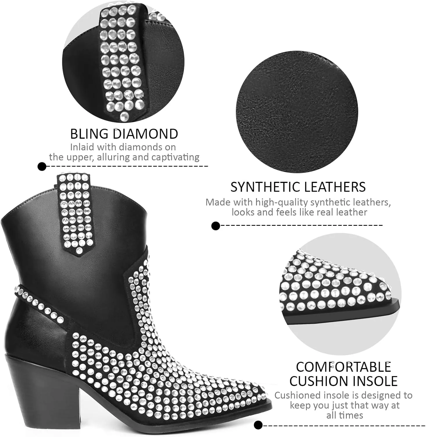 Rhinestone Cowboy Ankle Boots for Women's with Pointed Toe and Chunky Heel Design Western Cowgirl Boots Pointed Toe Glitter Party Dress Sparkly Shoes
