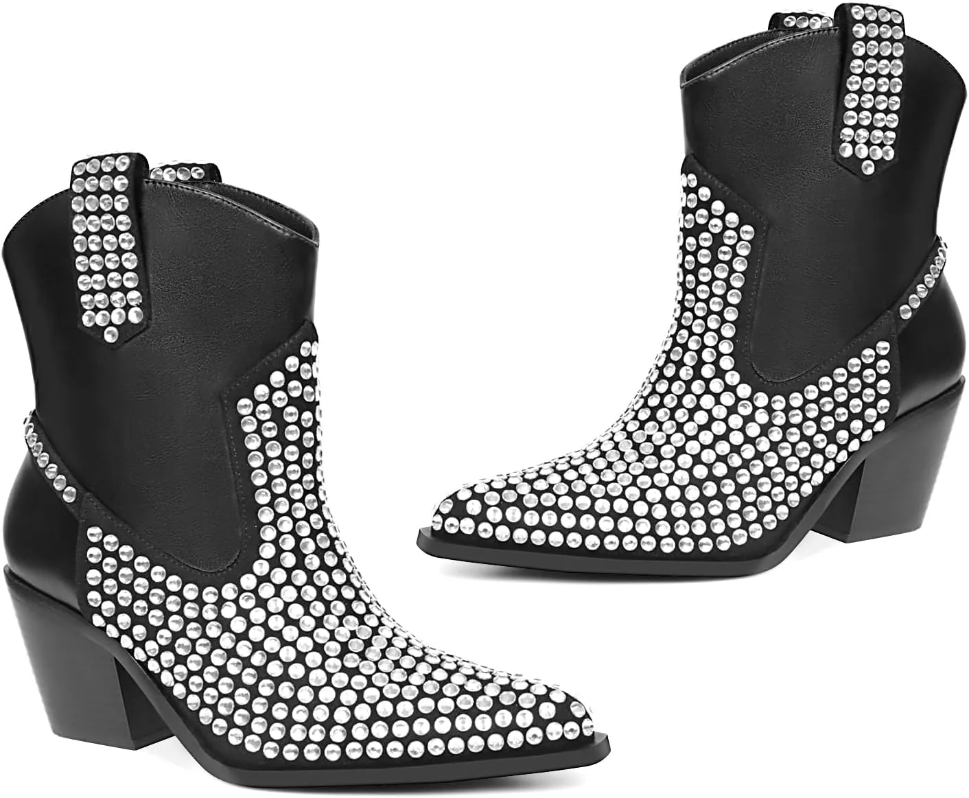 Rhinestone Cowboy Ankle Boots for Women's with Pointed Toe and Chunky Heel Design Western Cowgirl Boots Pointed Toe Glitter Party Dress Sparkly Shoes