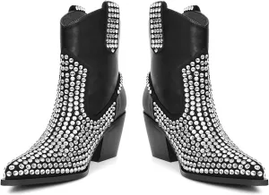 Rhinestone Cowboy Ankle Boots for Women's with Pointed Toe and Chunky Heel Design Western Cowgirl Boots Pointed Toe Glitter Party Dress Sparkly Shoes