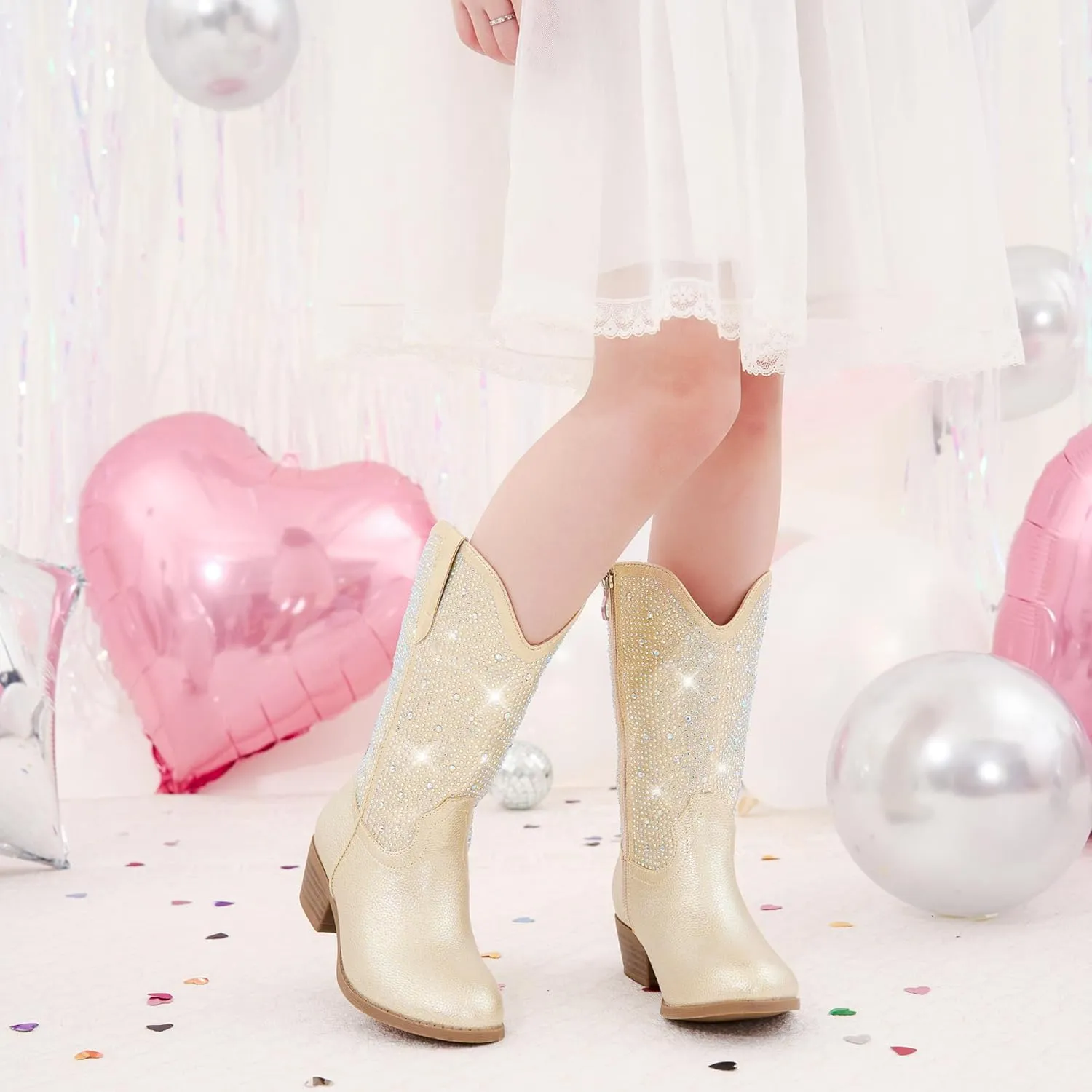 Rhinestone Sparkly Girls Cowgirl Cowboy Boots Little Kids Dress Boot Pointed Toes Low Heel Mid Calf Zipper Party Birthday Toddler to Big Kid