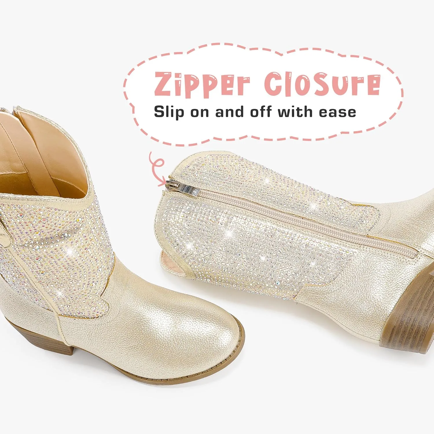 Rhinestone Sparkly Girls Cowgirl Cowboy Boots Little Kids Dress Boot Pointed Toes Low Heel Mid Calf Zipper Party Birthday Toddler to Big Kid