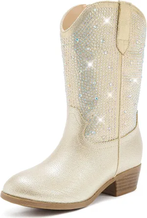 Rhinestone Sparkly Girls Cowgirl Cowboy Boots Little Kids Dress Boot Pointed Toes Low Heel Mid Calf Zipper Party Birthday Toddler to Big Kid