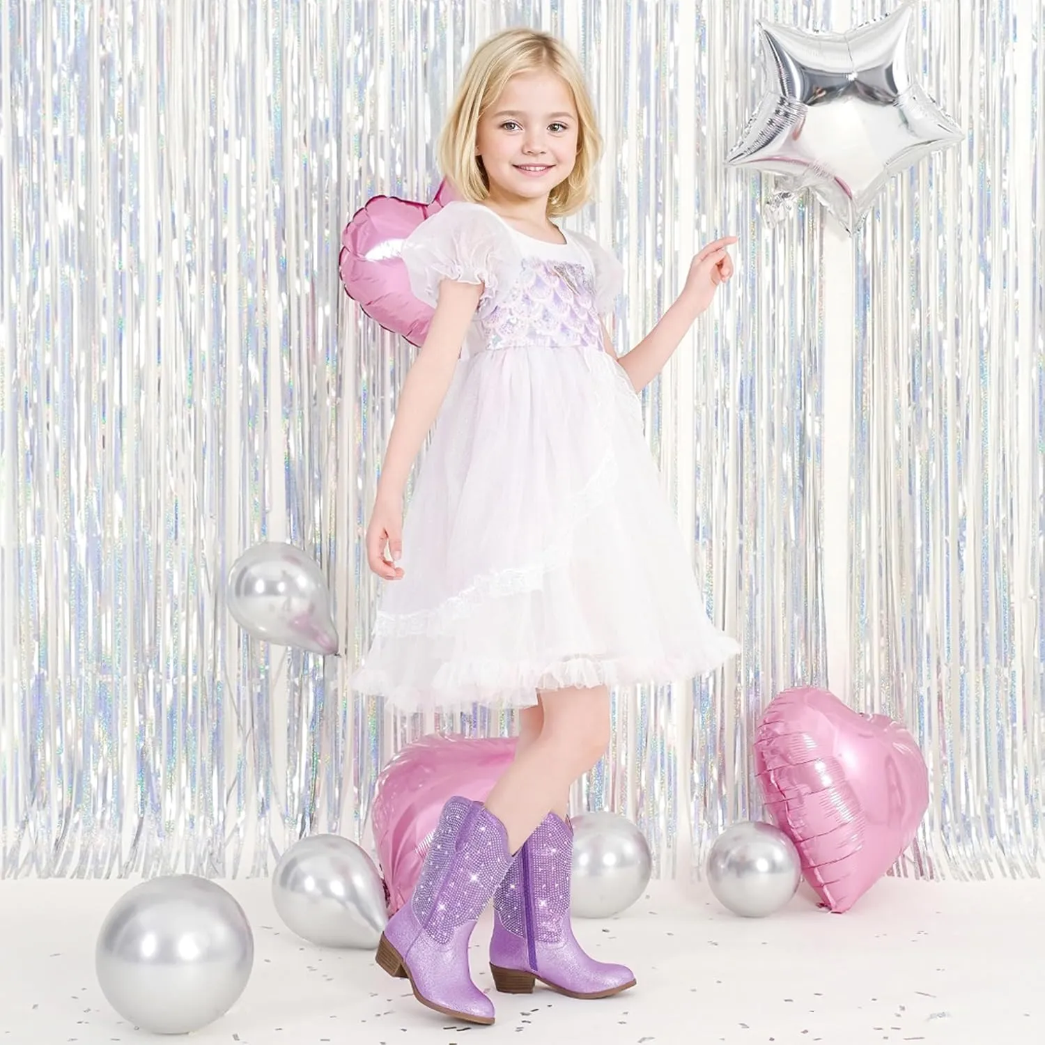 Rhinestone Sparkly Girls Cowgirl Cowboy Boots Little Kids Dress Boot Pointed Toes Low Heel Mid Calf Zipper Party Birthday Toddler to Big Kid