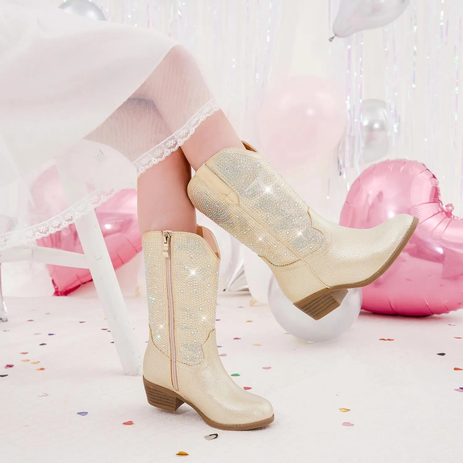 Rhinestone Sparkly Girls Cowgirl Cowboy Boots Little Kids Dress Boot Pointed Toes Low Heel Mid Calf Zipper Party Birthday Toddler to Big Kid