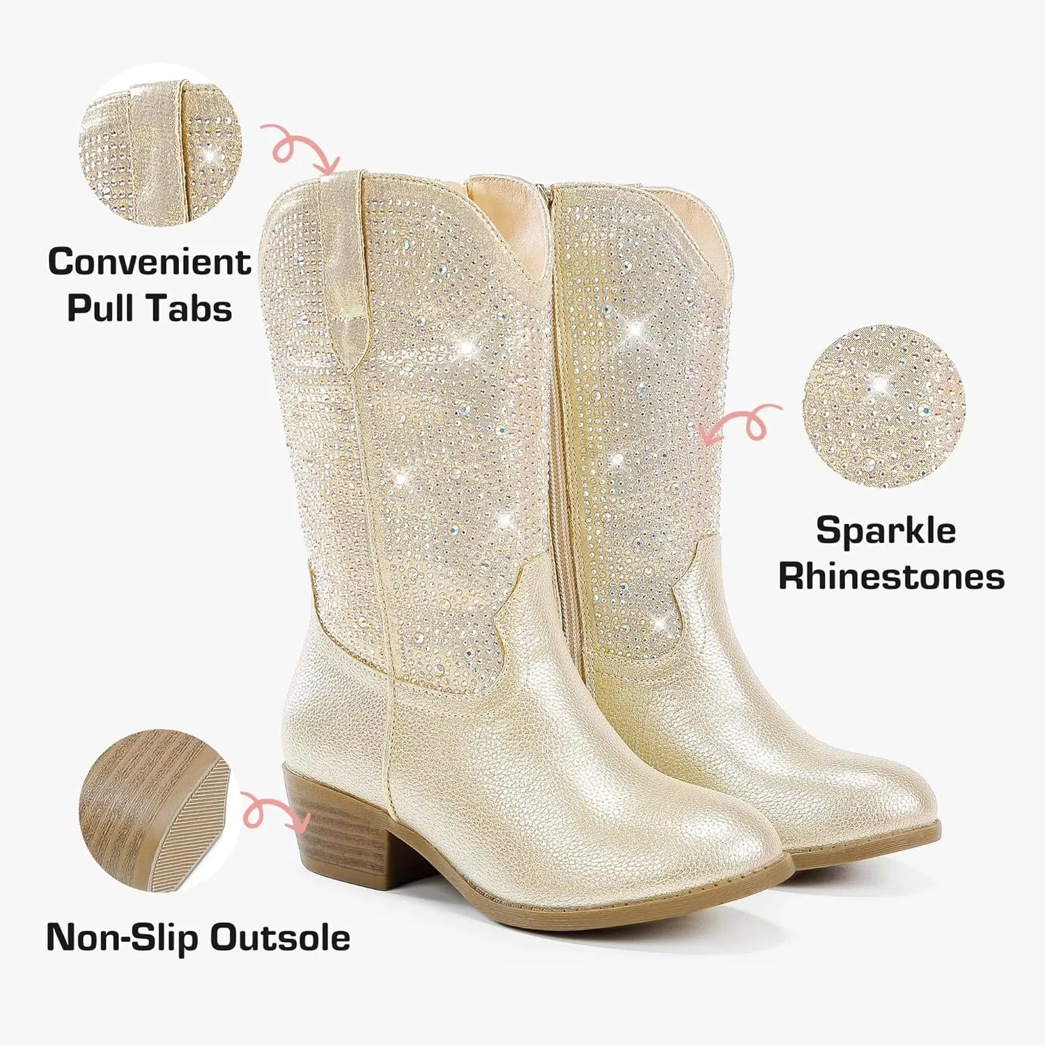 Rhinestone Sparkly Girls Cowgirl Cowboy Boots Little Kids Dress Boot Pointed Toes Low Heel Mid Calf Zipper Party Birthday Toddler to Big Kid