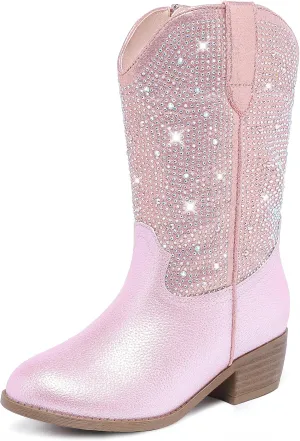 Rhinestone Sparkly Girls Cowgirl Cowboy Boots Little Kids Dress Boot Pointed Toes Low Heel Mid Calf Zipper Party Birthday Toddler to Big Kid