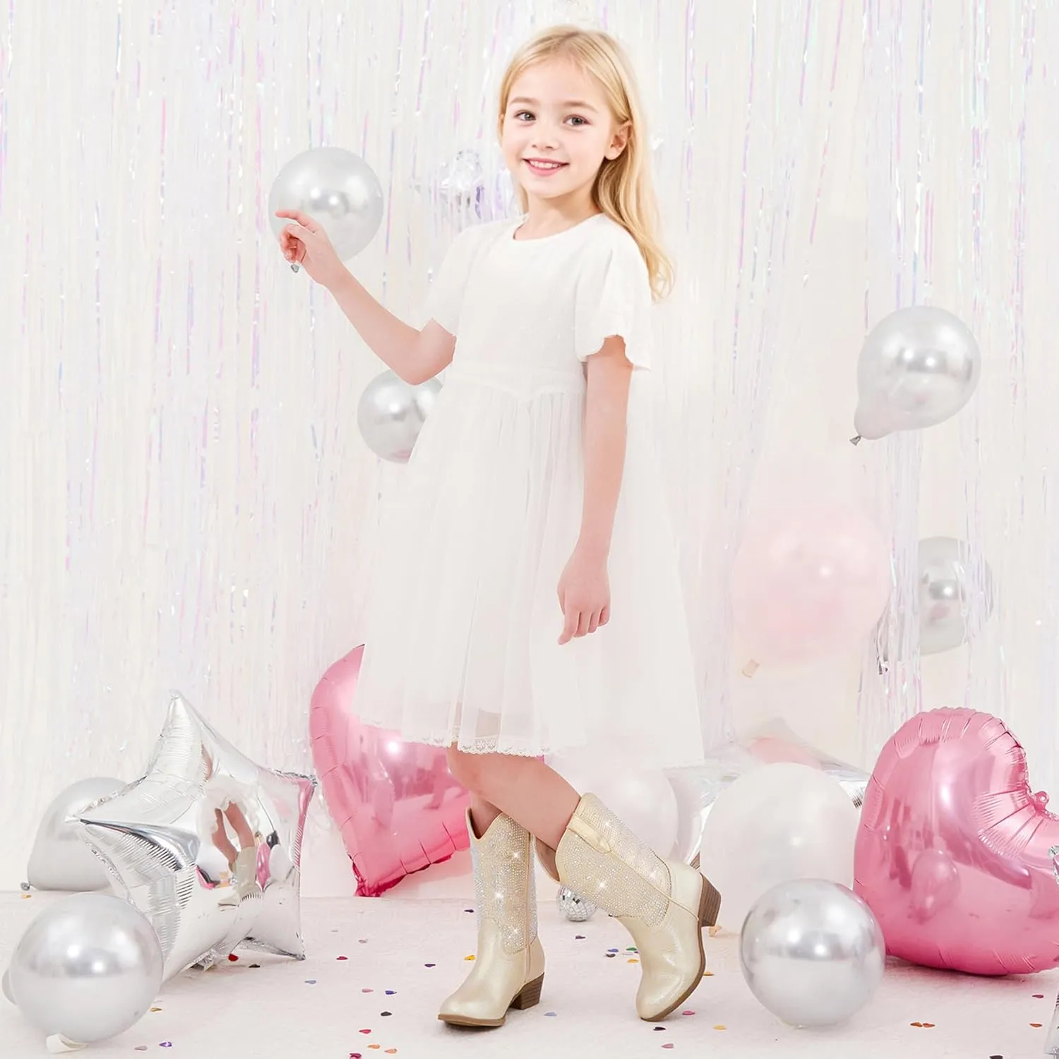 Rhinestone Sparkly Girls Cowgirl Cowboy Boots Little Kids Dress Boot Pointed Toes Low Heel Mid Calf Zipper Party Birthday Toddler to Big Kid
