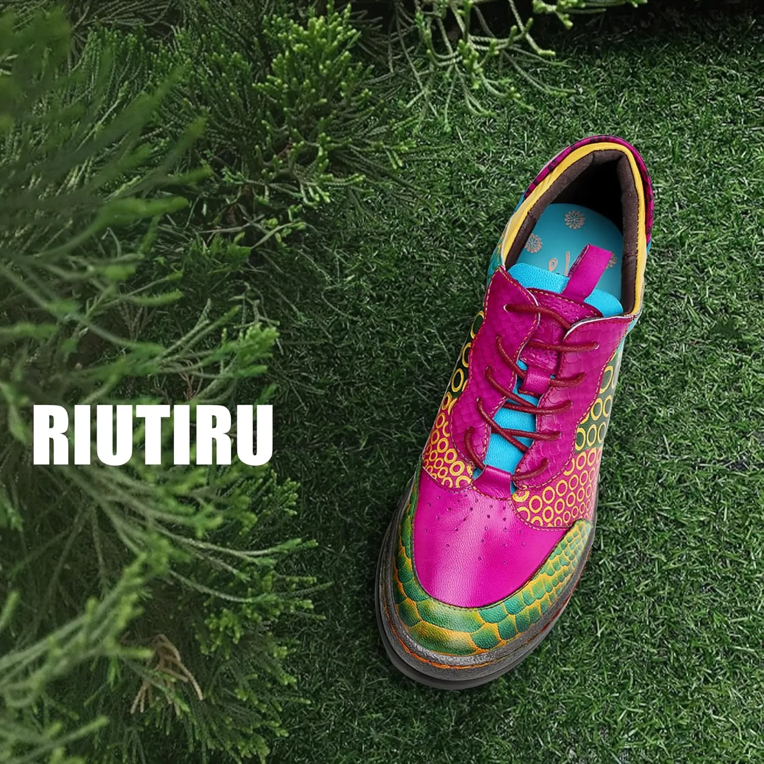 Riutiru Women's Handmade Lambskin Mary Jane Loafers Shoes, Retro Ethnic Print Style and Brock-Style Design