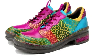 Riutiru Women's Handmade Lambskin Mary Jane Loafers Shoes, Retro Ethnic Print Style and Brock-Style Design