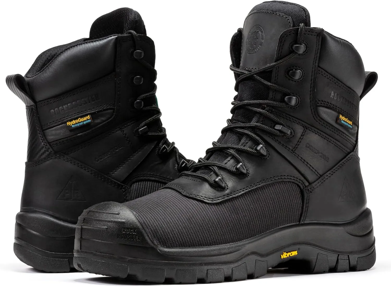 ROCKROOSTER Beaufort CSA Men's Work Boots, 8" Composite Toe Waterproof Black Vibram Rubber Lace up Leather Construction Boots, Metal Free, Cut Resistant, ASTM F2413-18 PR EH, VAK830