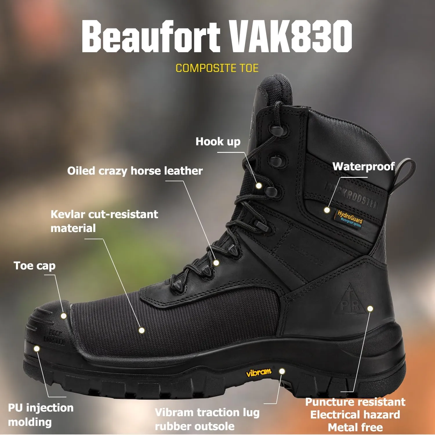 ROCKROOSTER Beaufort CSA Men's Work Boots, 8" Composite Toe Waterproof Black Vibram Rubber Lace up Leather Construction Boots, Metal Free, Cut Resistant, ASTM F2413-18 PR EH, VAK830
