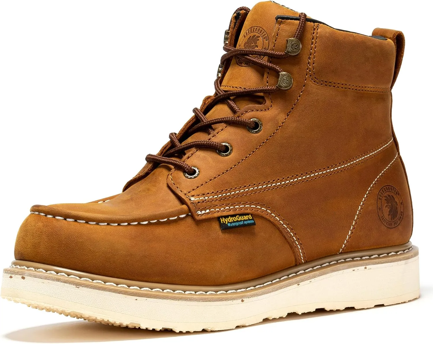 ROCKROOSTER Edgewood Waterproof Moc Toe Work Boots for Men, 6" Steel Toe Wedge Non-Slip Rubber Outsole Safety Boot, Brown Leather Roofer Asphalt Boots, Comfort, Anti-Fatigue, ASTM F2413-18 EH SAP858